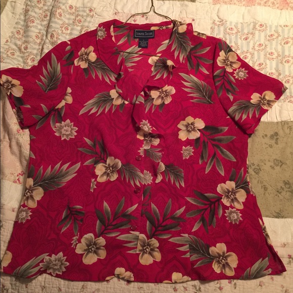Red floral print button up top - Picture 1 of 3